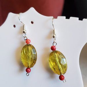Silver Tone Hook Yellow Oval Bead Dangle Earrings